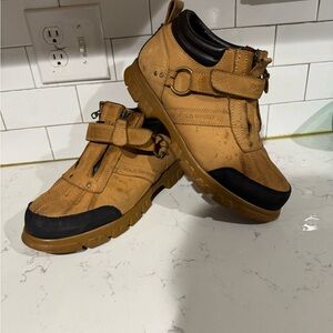 Tan and Black Outdoor Boots with Strap Closure